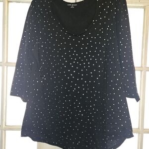 Lane Bryant Black Long Sleeve Scoop Neck Top with Silver Dots
